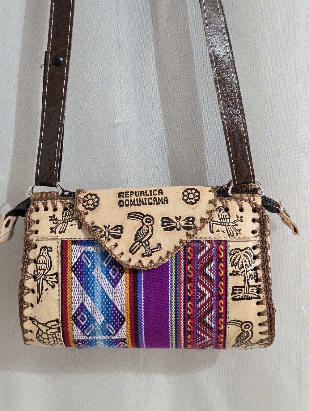 Dominican Republic Inca Textile Stamped Leather Crossbody With Adjustable Strap